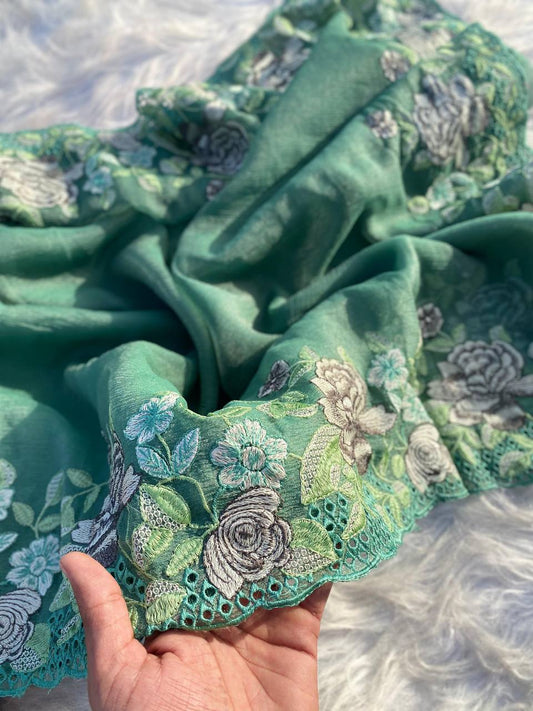 Hand Embroidered Forest-Green Pure Crushed-Chiffon Saree in Cut-Work paired with Blouse