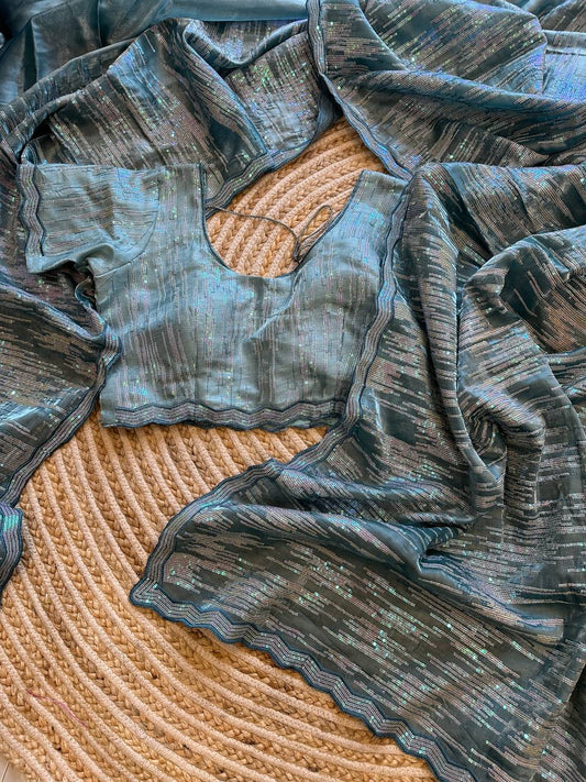 Hand-Embroidered Sophisticated Grey Jimmy Choo Saree with Blouse