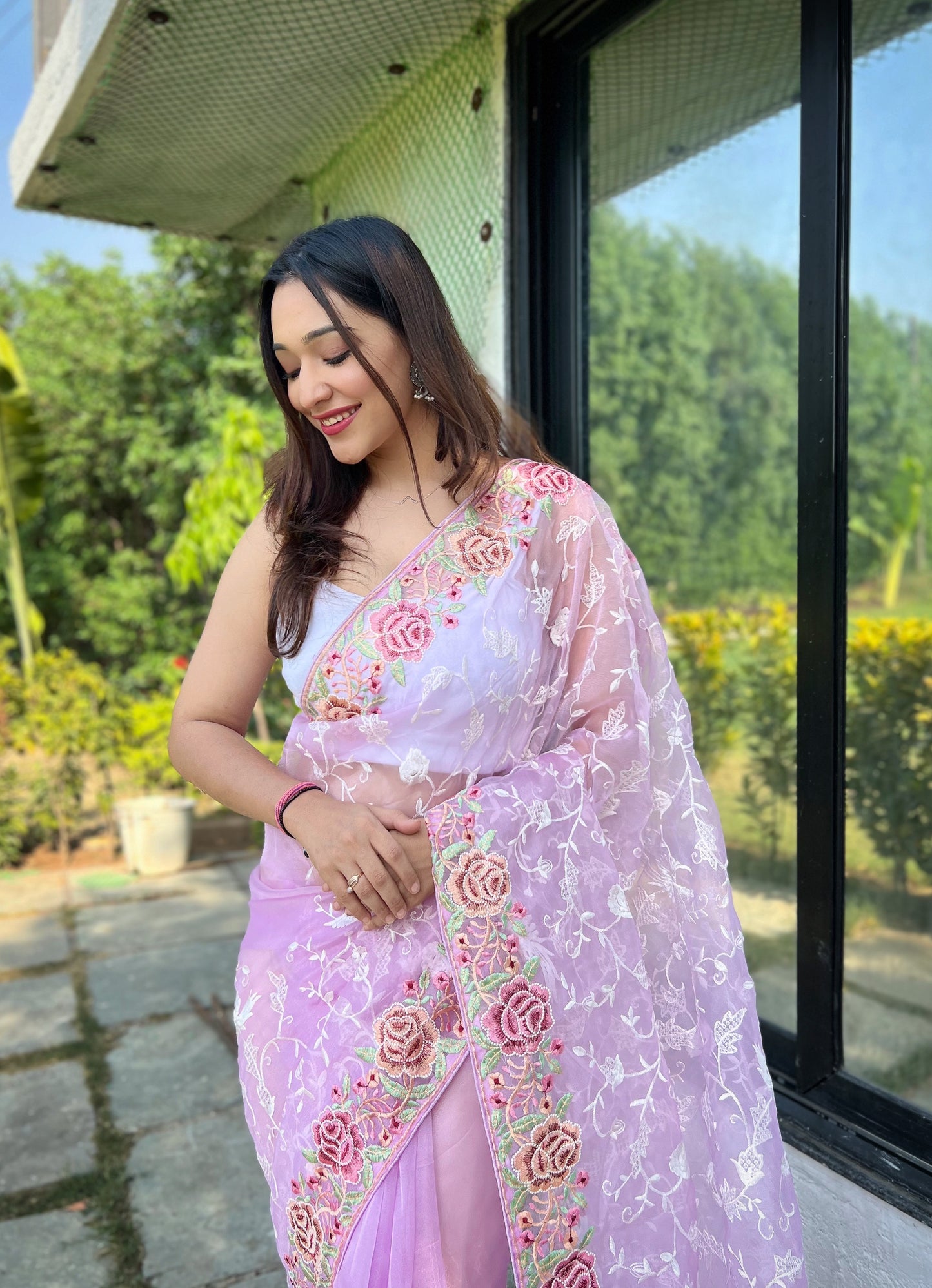 Hand-Embroidered Lavender Pure Organza Silk Saree