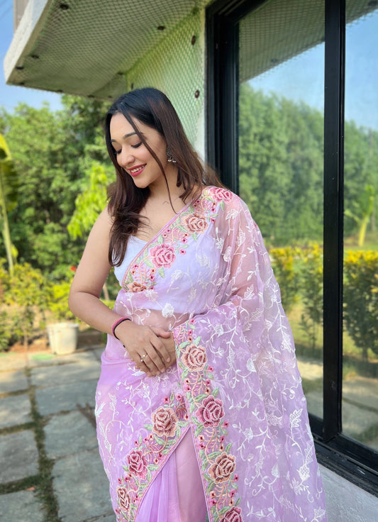 Hand-Embroidered Lavender Pure Organza Silk Saree