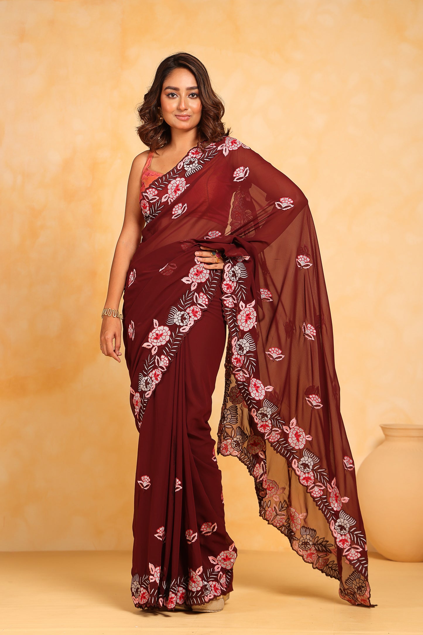 Hand-Embroidered Maroon Georgette-Silk saree with Blouse