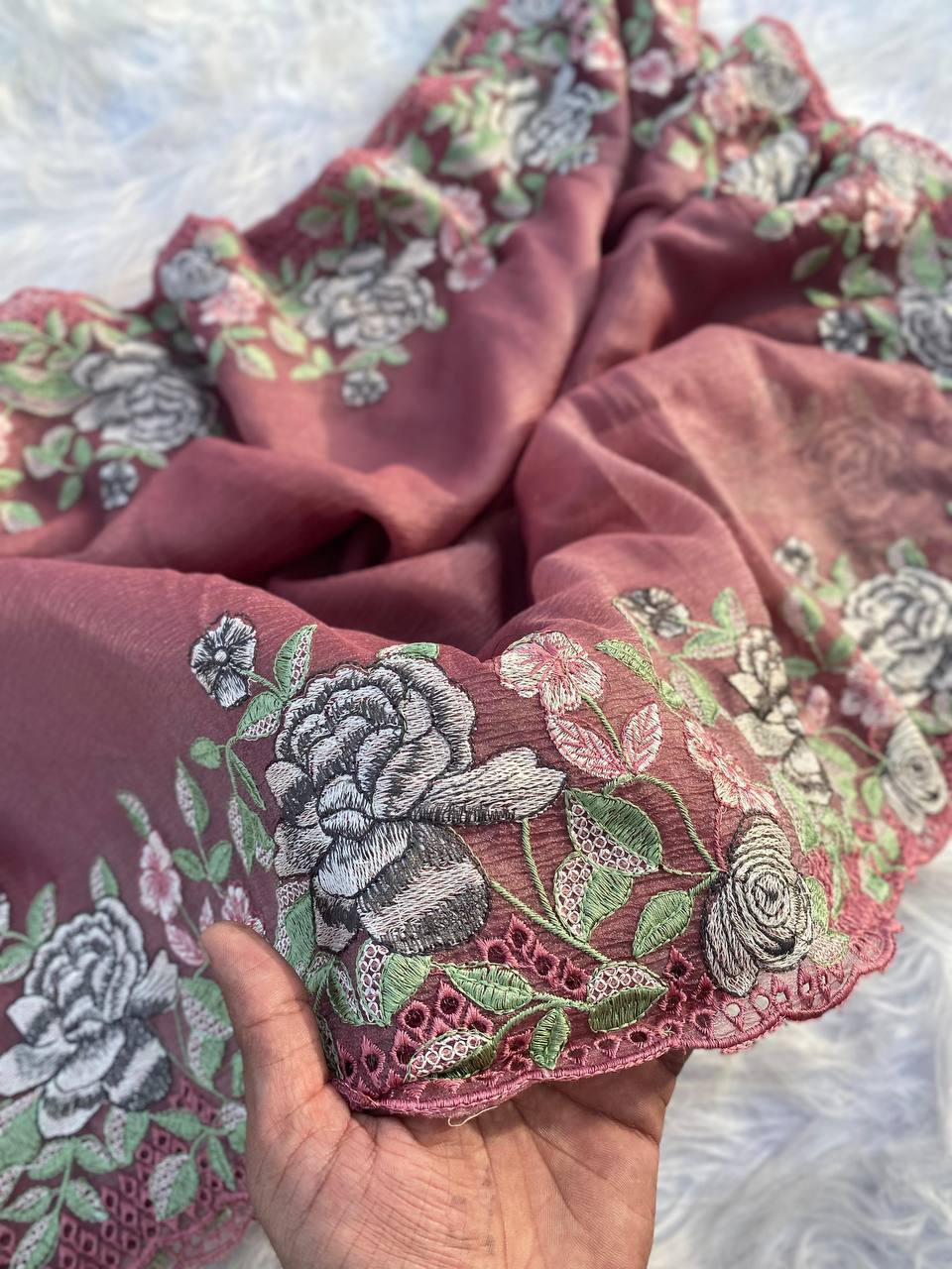 Hand Embroidered Dusty-Pink Pure Crushed-Chiffon Saree in Cut-Work paired with Blouse