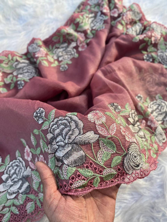 Hand Embroidered Dusty-Pink Pure Crushed-Chiffon Saree in Cut-Work paired with Blouse