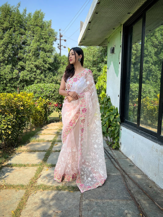 Hand-Embroidered Peach Pure Organza Silk Saree