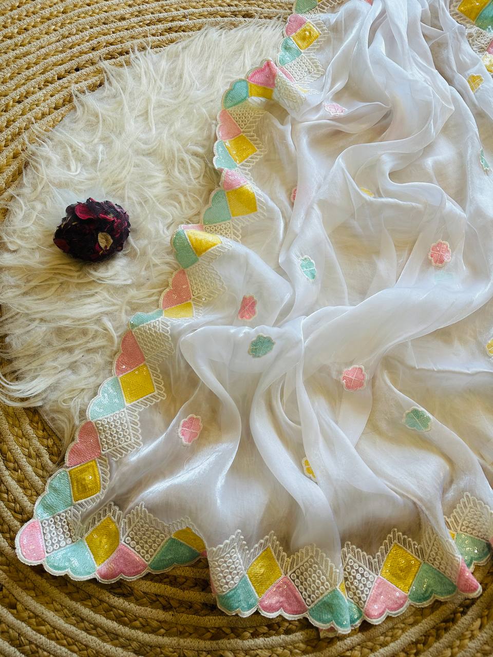 Hand-Embroidered in Multi-Colour Sequins, Pristine White  Jimmy Choo Silk Saree