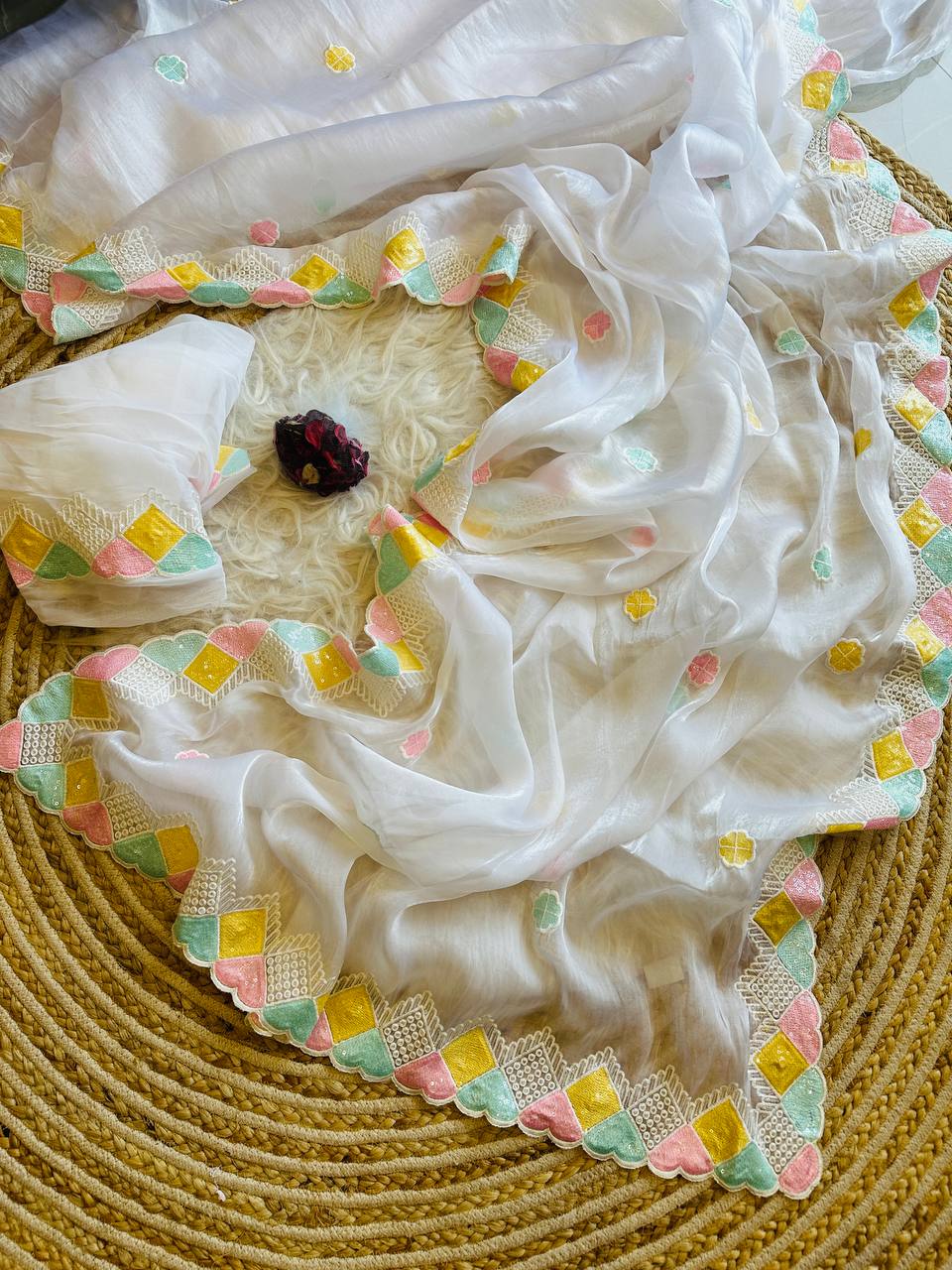 Hand-Embroidered in Multi-Colour Sequins, Pristine White  Jimmy Choo Silk Saree