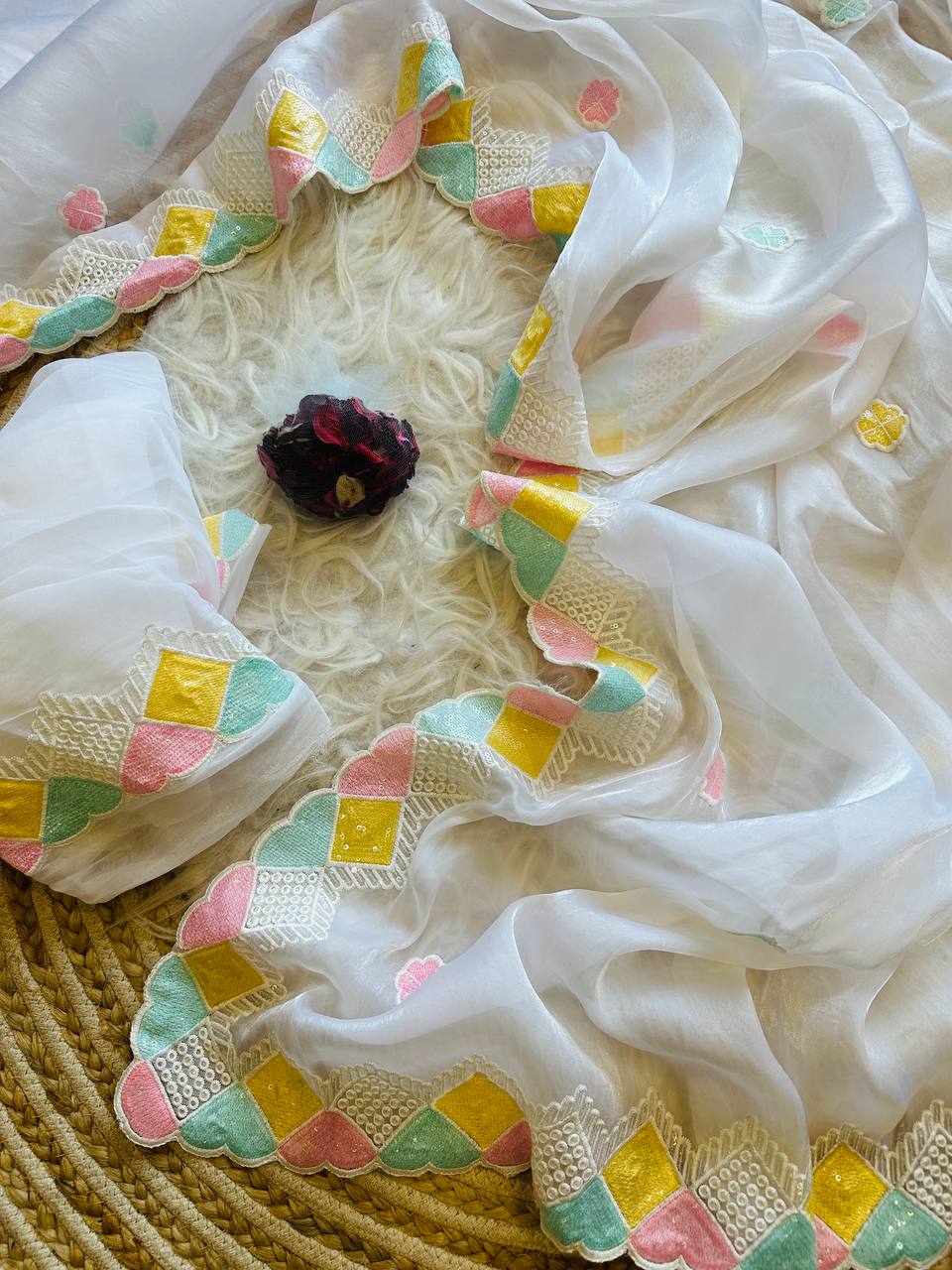 Hand-Embroidered in Multi-Colour Sequins, Pristine White  Jimmy Choo Silk Saree