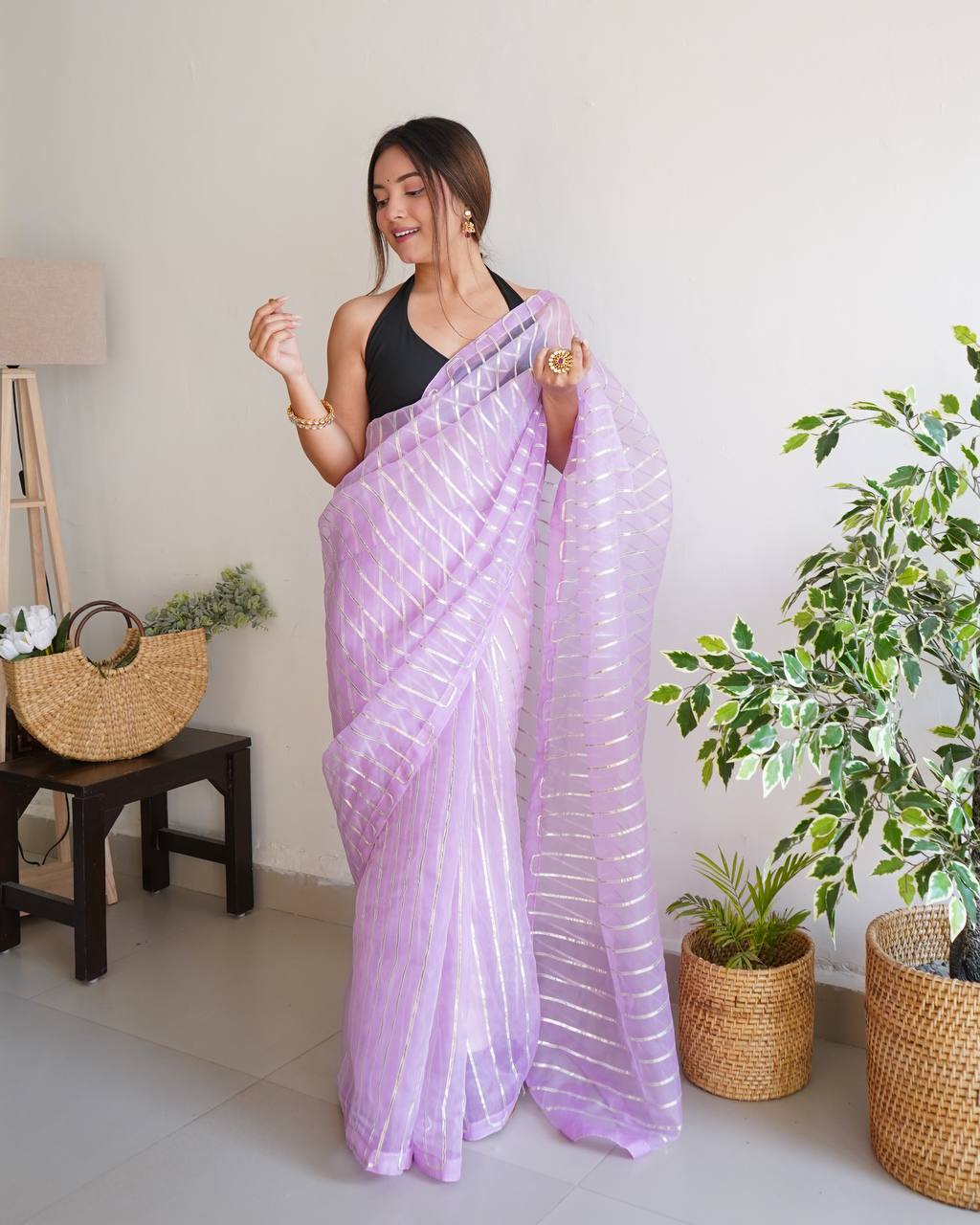Lavender Pure Organza Silk Saree in Silver Gotta work with Blouse