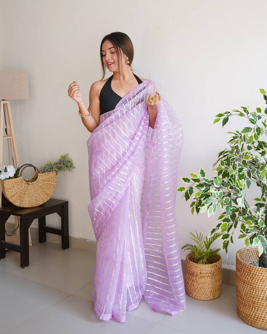Lavender Pure Organza Silk Saree in Silver Gotta work with Blouse