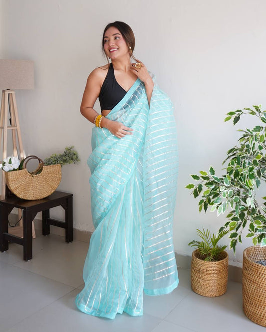 Sky-Blue Pure Organza Silk Saree in Silver Gotta work with Blouse