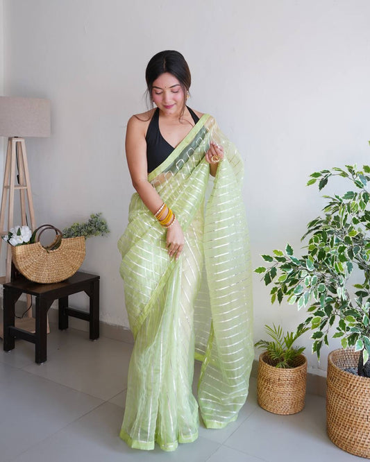 Green Pure Organza Silk Saree in Silver Gotta work with Blouse