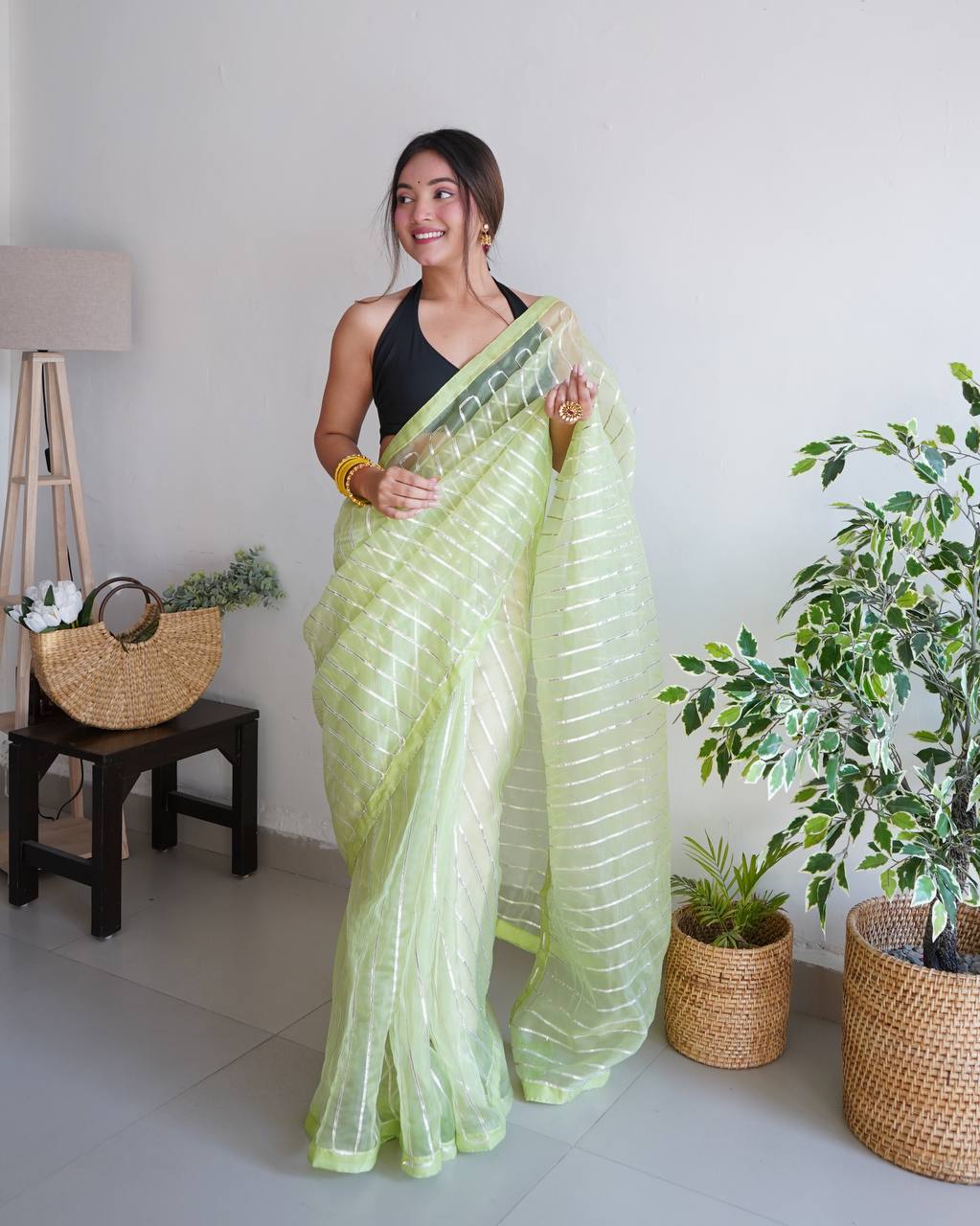 Green Pure Organza Silk Saree in Silver Gotta work with Blouse