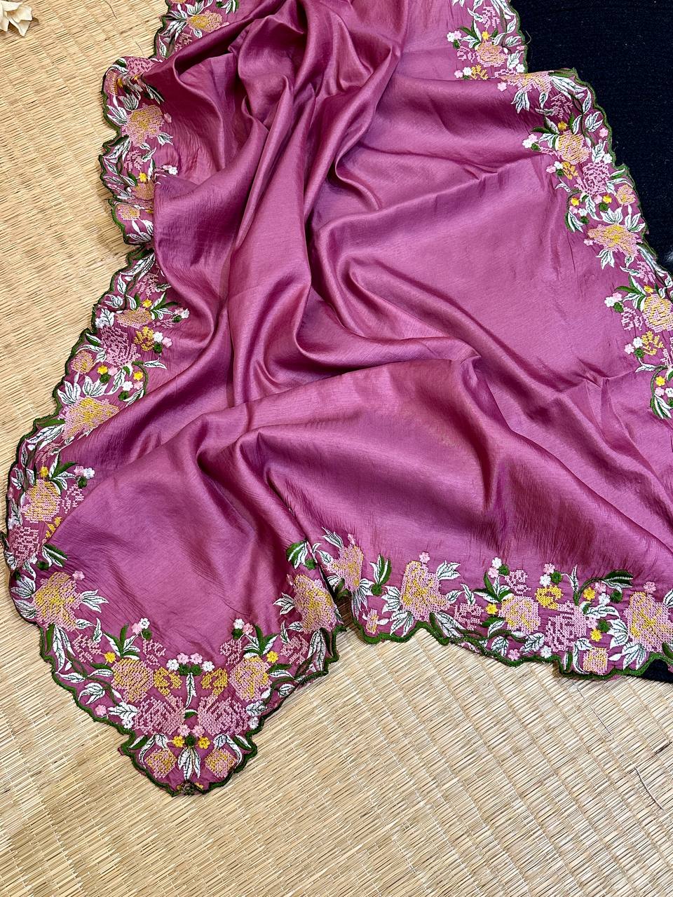 Hand-Embroidered Soft-Pink Pure Tussar Silk Saree with Blouse