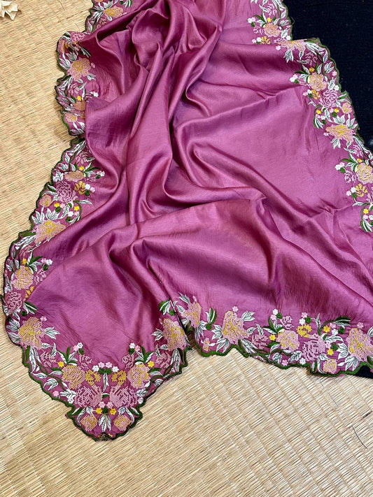 Hand-Embroidered Soft-Pink Pure Tussar Silk Saree with Blouse
