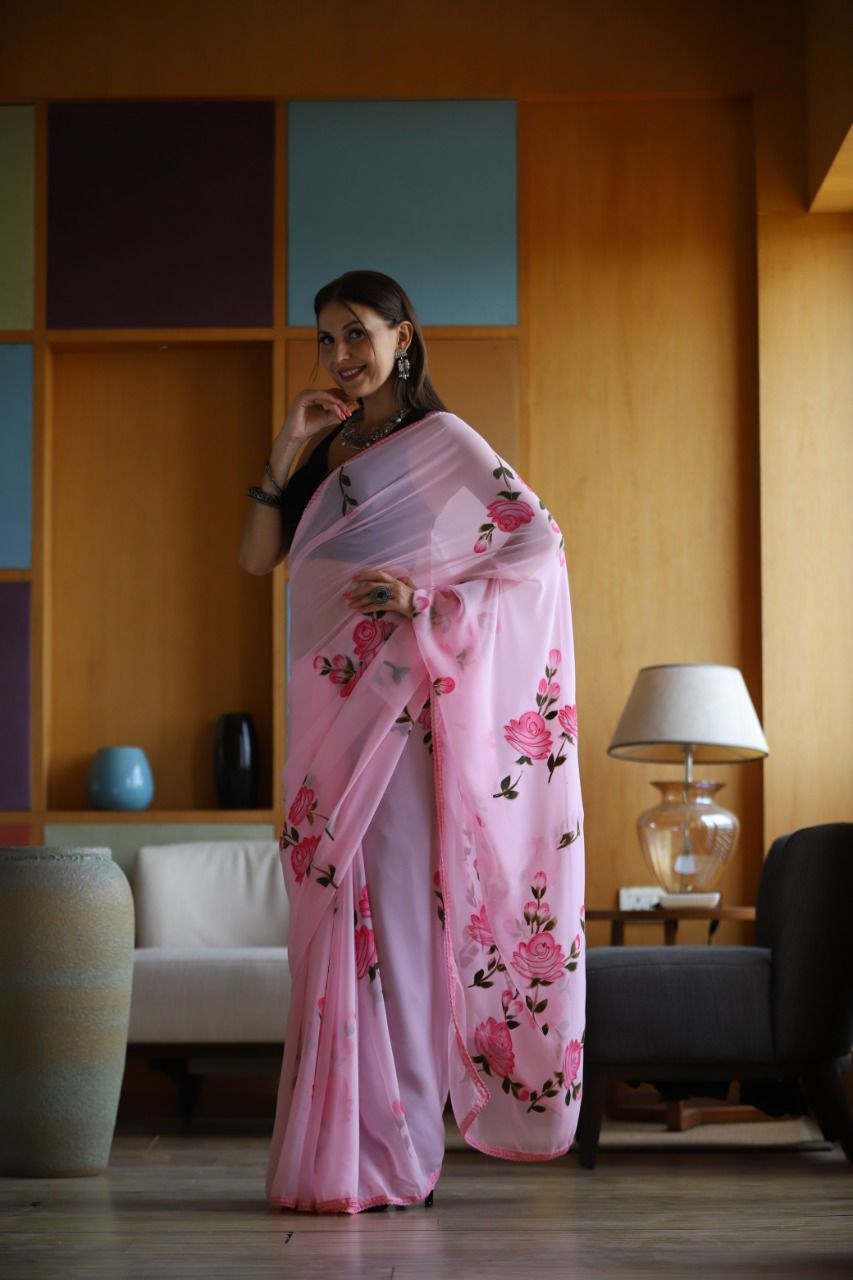 Hand-Embroidered Lovely-Pink Chikankari & Golden Zari work Saree with Blouse