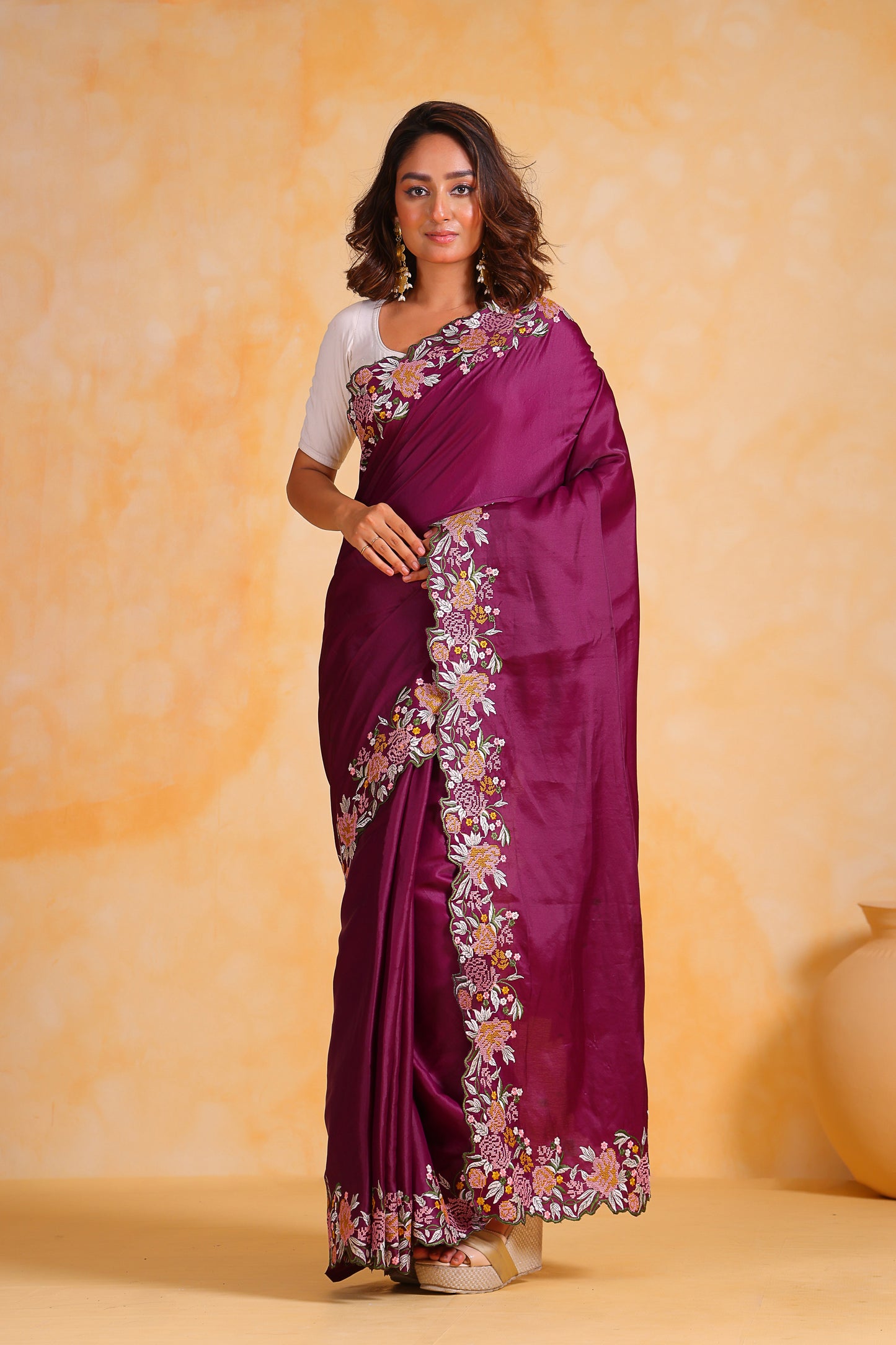 Hand-Emnroidered Royal Purple Pure Tussar Silk Saree with Blouse