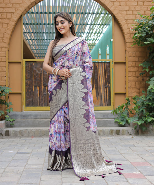 Pure Georgette Light-Purple saree in Digital-Print with Violet Heavy Zari Border and Tassels paired with Blouse