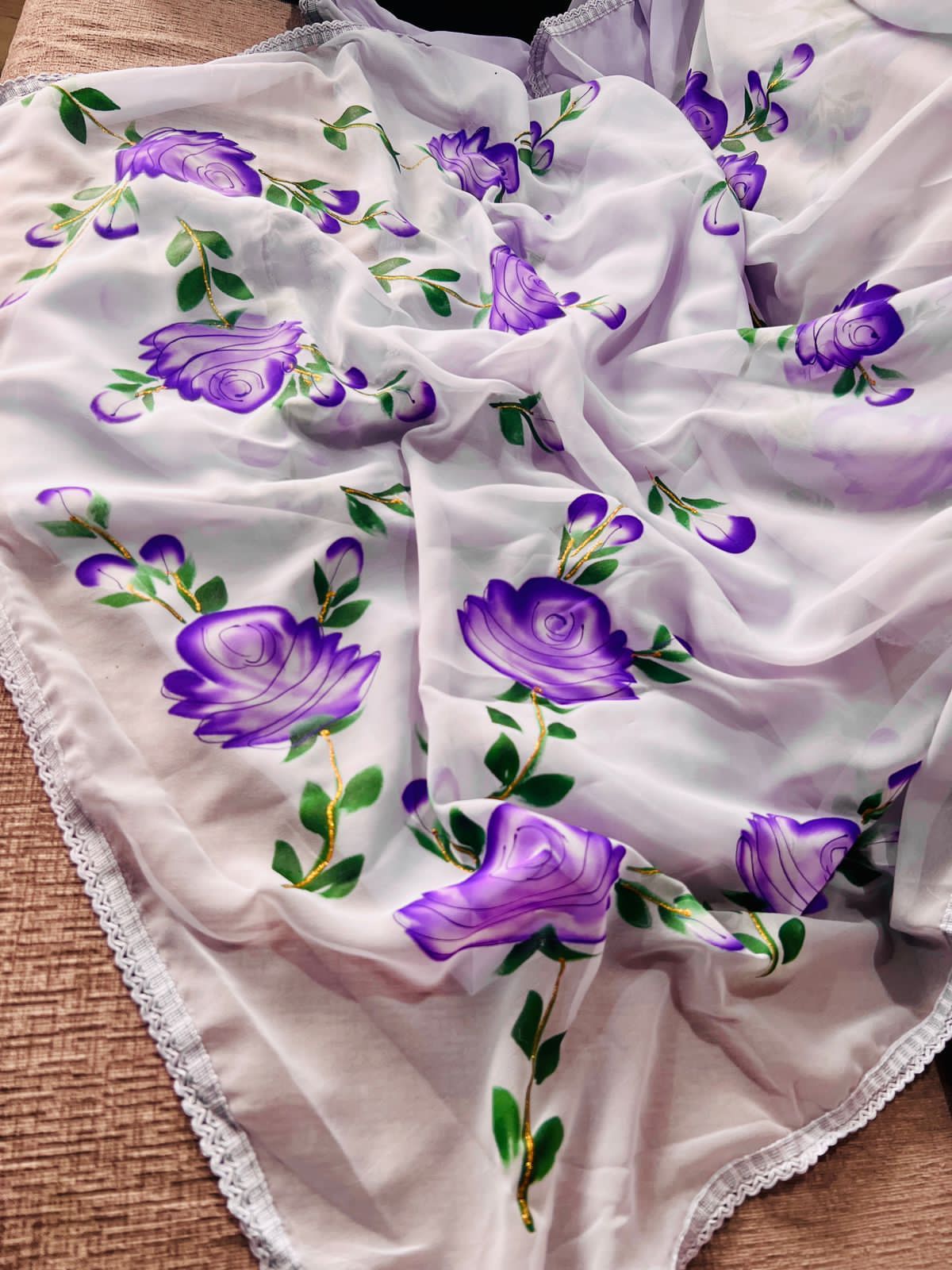 Hand-Embroidered Majestic-Purple Chikankari & Golden Zari work Saree with Blouse