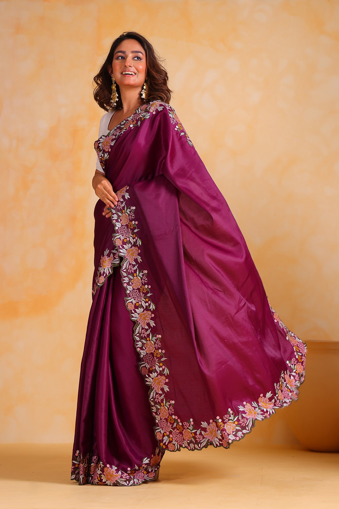 Hand-Emnroidered Royal Purple Pure Tussar Silk Saree with Blouse