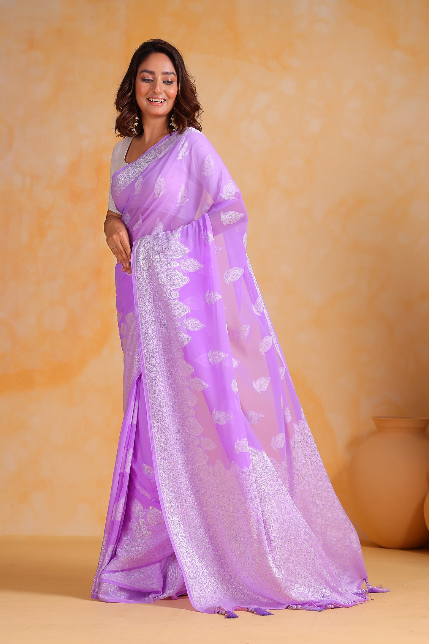Hand-Woven Light-Purple Pure Georgette-Silk Saree with Tassels and Heavy Blouse