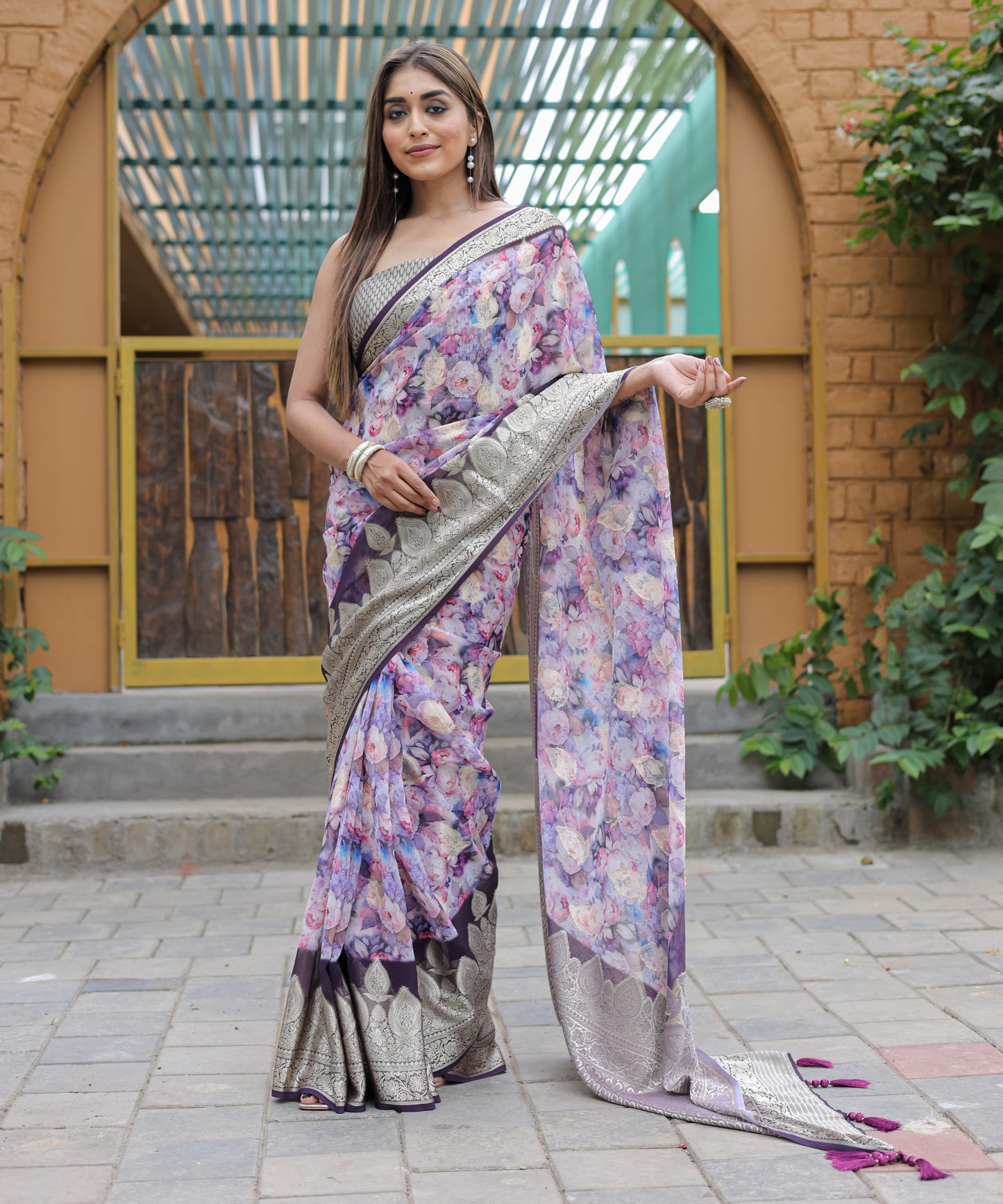 Pure Georgette Light-Purple saree in Digital-Print with Violet Heavy Zari Border and Tassels paired with Blouse