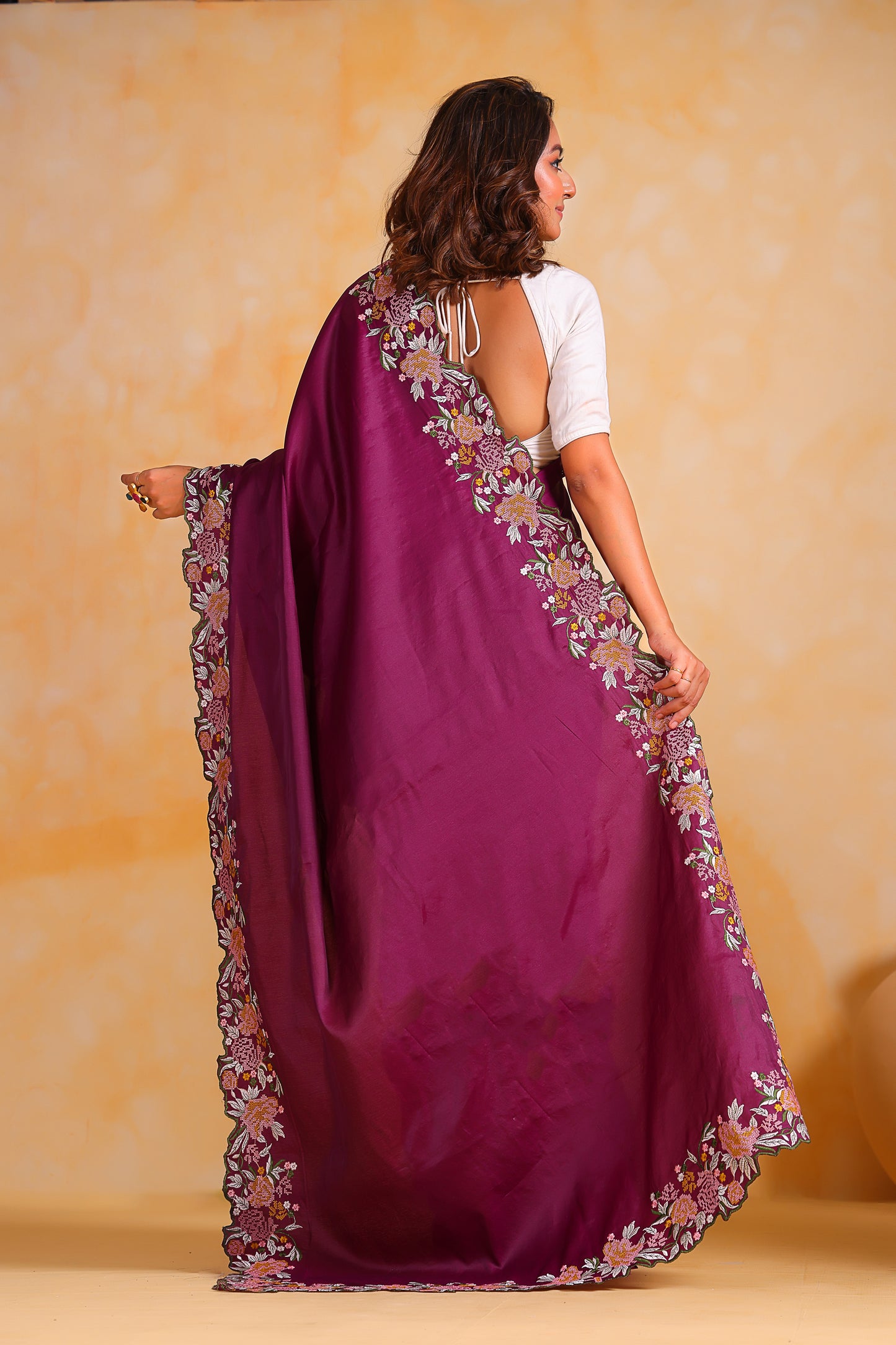 Hand-Emnroidered Royal Purple Pure Tussar Silk Saree with Blouse