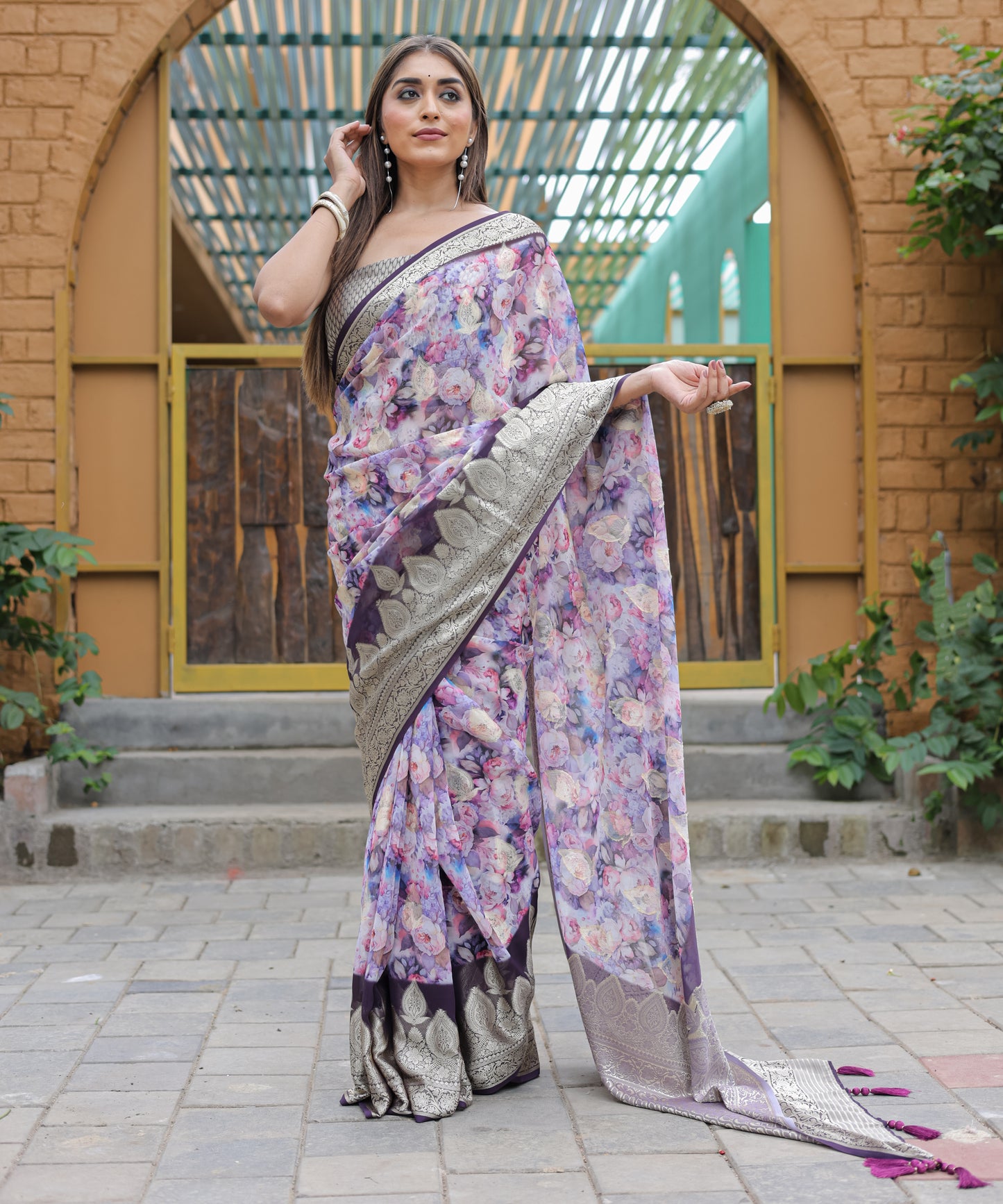 Pure Georgette Light-Purple saree in Digital-Print with Violet Heavy Zari Border and Tassels paired with Blouse