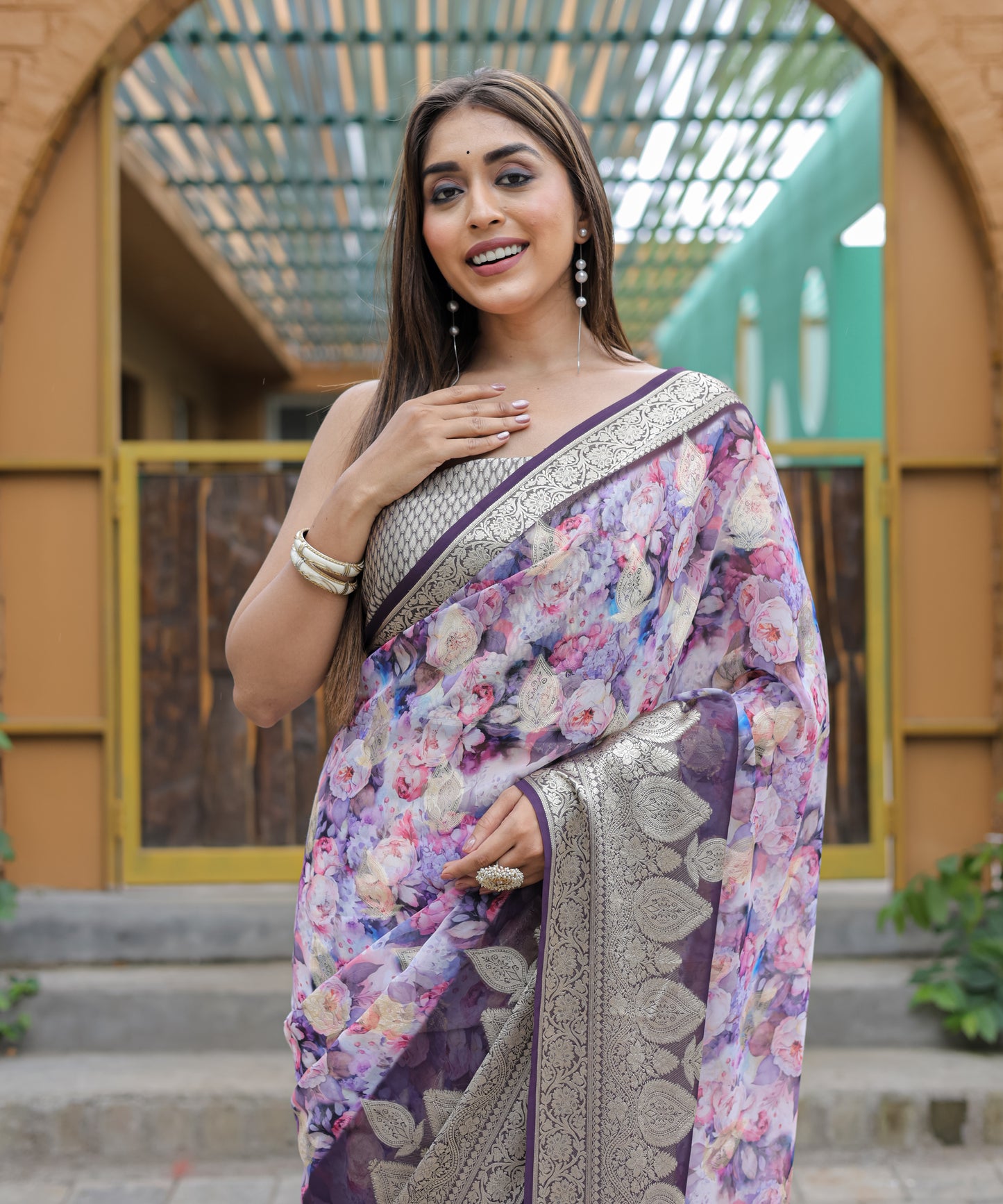 Pure Georgette Light-Purple saree in Digital-Print with Violet Heavy Zari Border and Tassels paired with Blouse