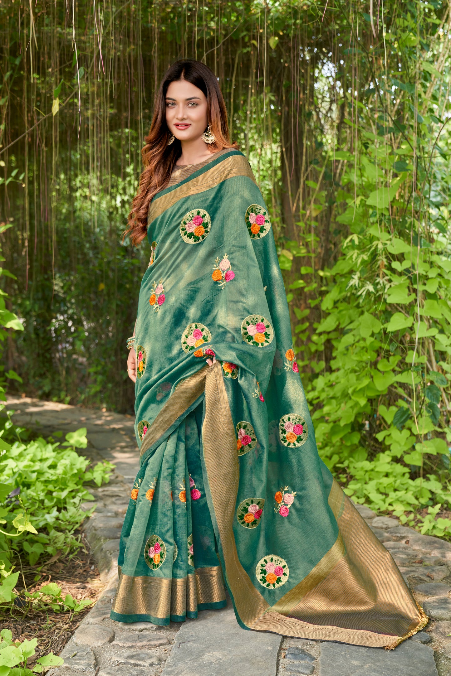 Hand Emboidered Dark-Green Pure Cotton-Silk saree with Zari Border paired with Blouse
