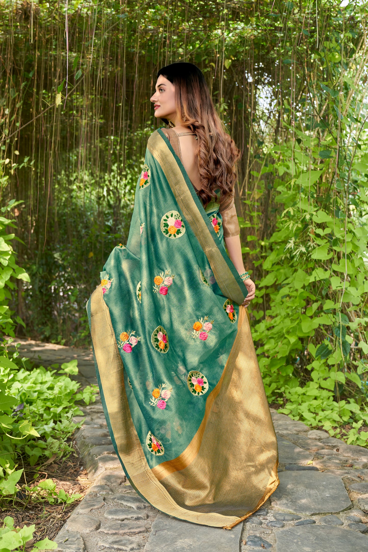 Hand Emboidered Dark-Green Pure Cotton-Silk saree with Zari Border paired with Blouse