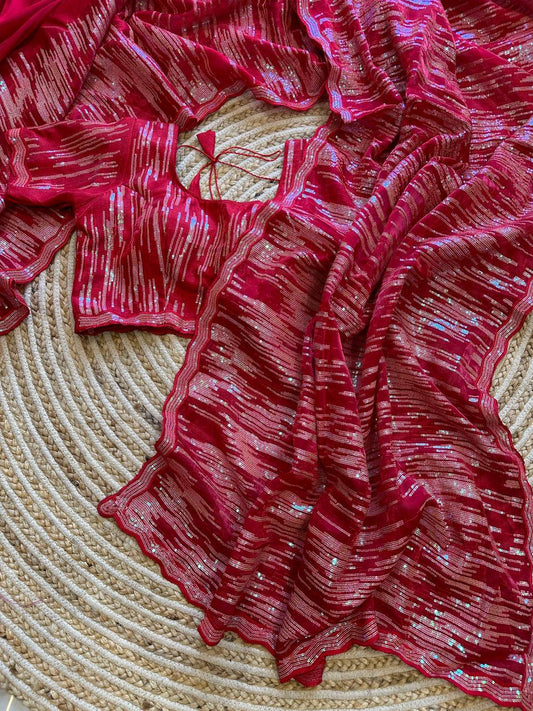 Hand-Embroidered Bold Red Jimmy Choo Saree with Blouse