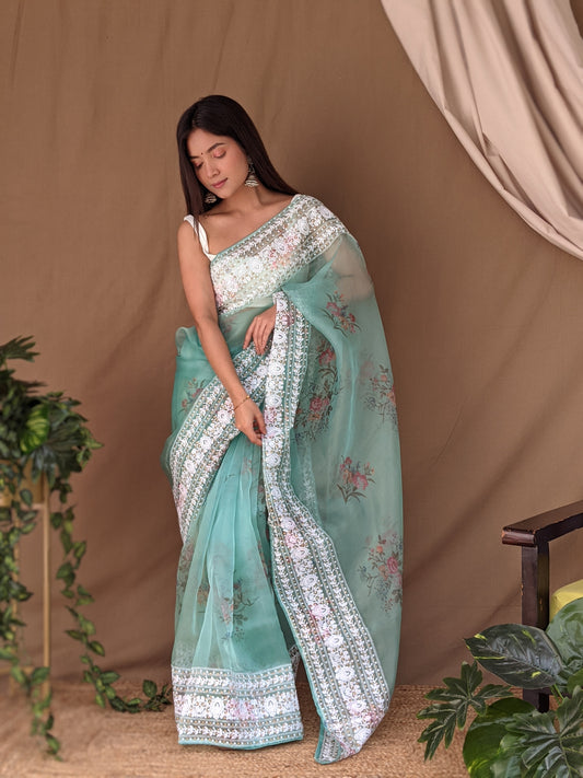 Hand-Embroidered & Digital Printed Sea-Blue Pure Organza Saree with Blouse