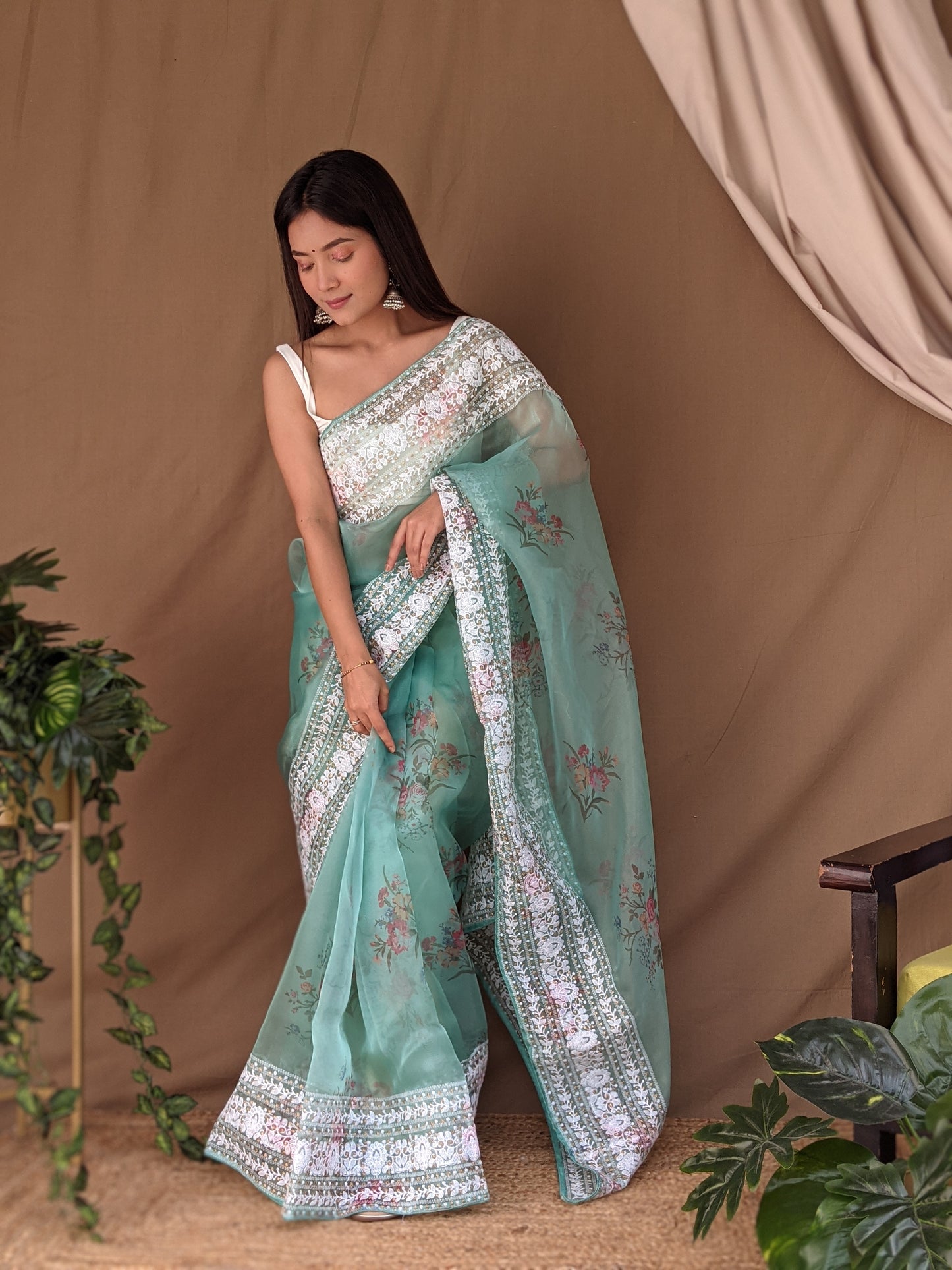 Hand-Embroidered & Digital Printed Sea-Blue Pure Organza Saree with Blouse