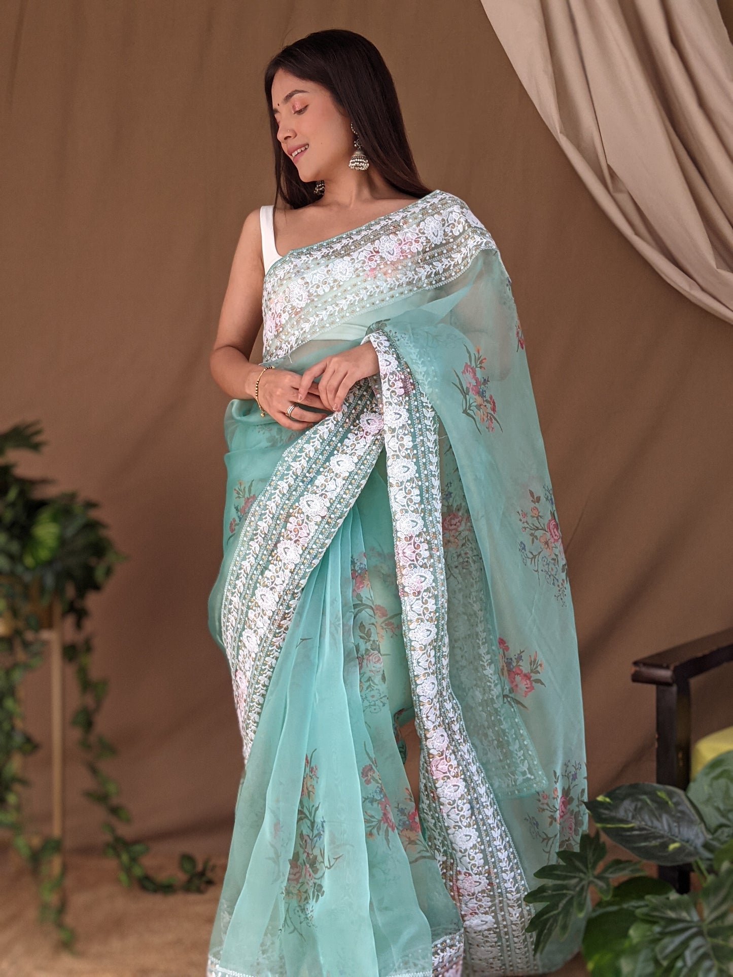 Hand-Embroidered & Digital Printed Sea-Blue Pure Organza Saree with Blouse