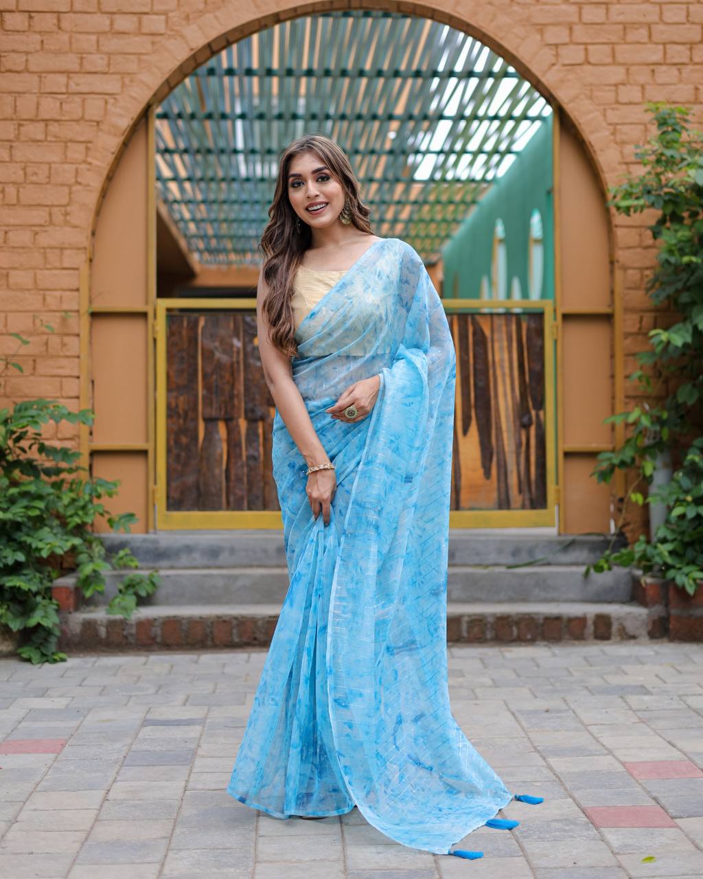 Sky-Blue Pure Organza-Silk saree with all over Zari Sequins and Tassels paired with Blouse