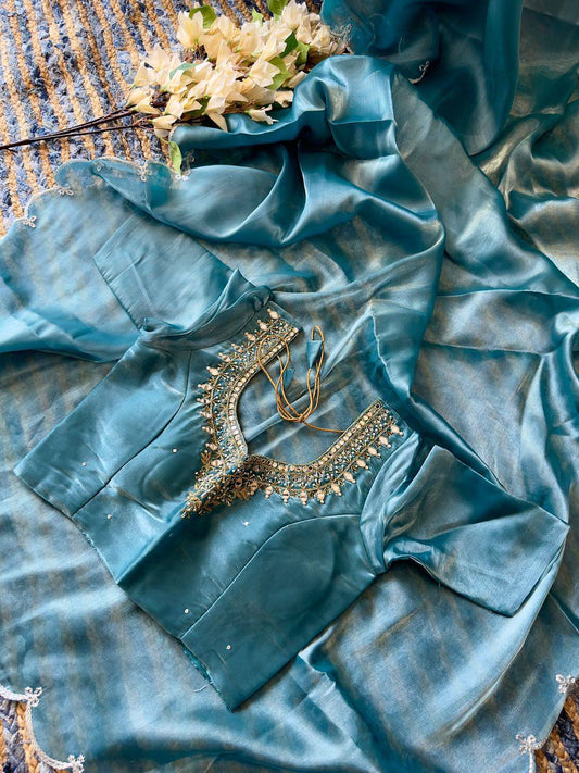 Sky-Blue Jimmy Choo Silk Saree with Cut-Work & Hand-Embroidered Blouse