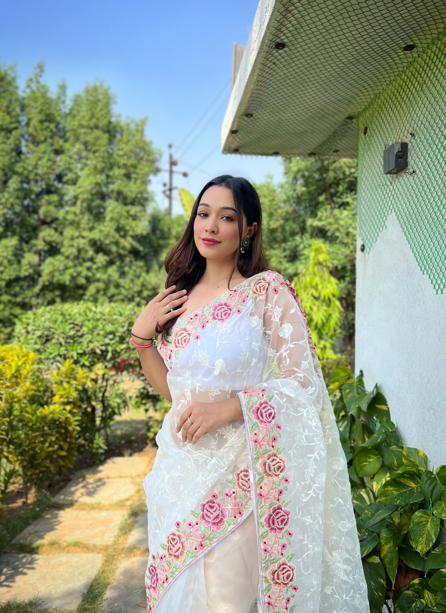 Hand-Embroidered Pristine-White Pure Organza Silk Saree