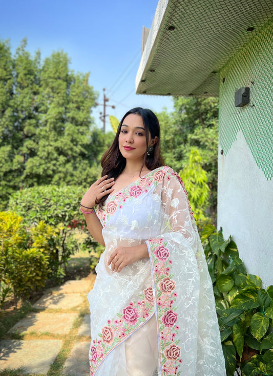 Hand-Embroidered Pristine-White Pure Organza Silk Saree