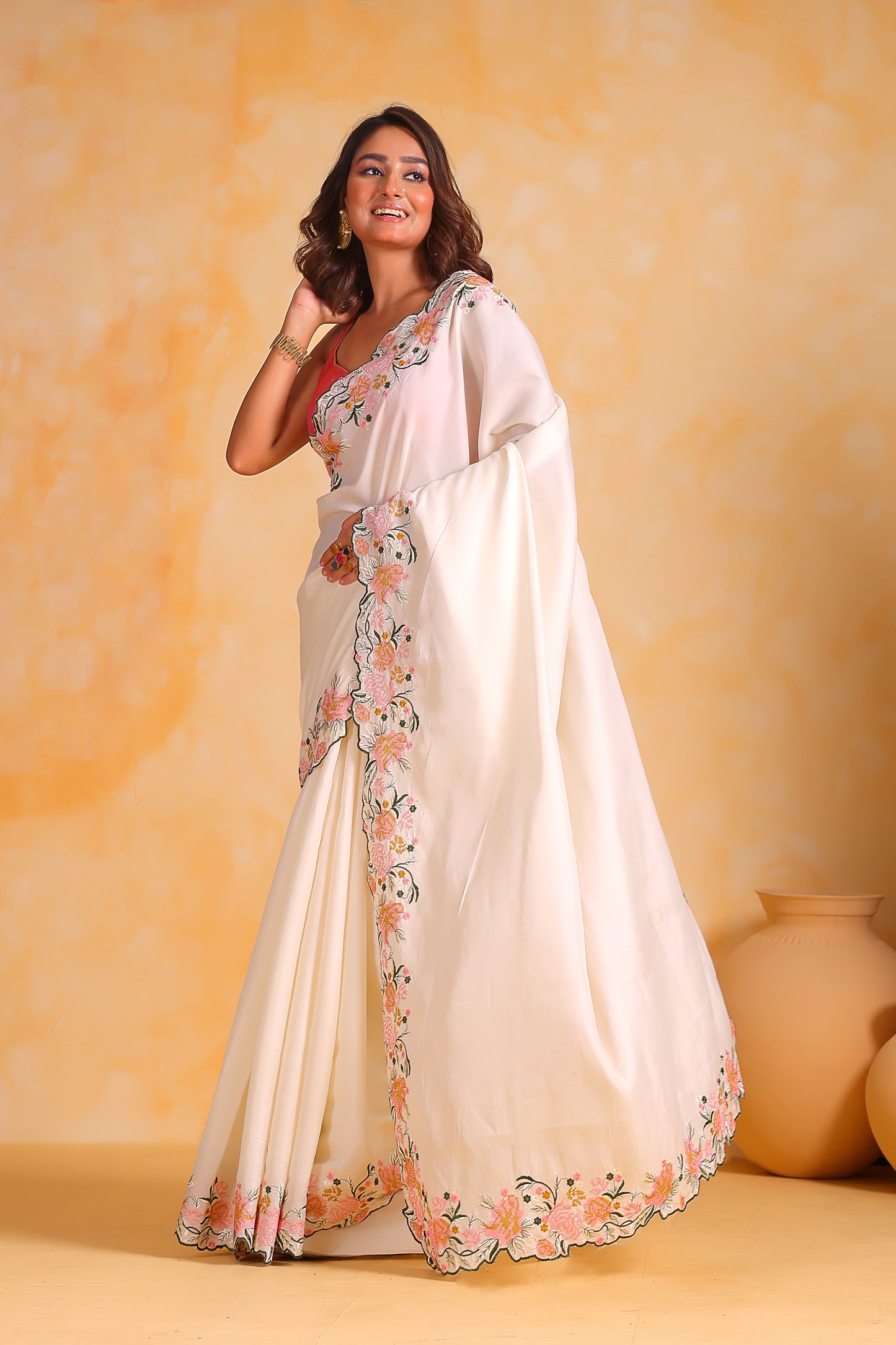 Hand-Embroidered Vibrant Elegant White Tussar Silk Saree with Blouse