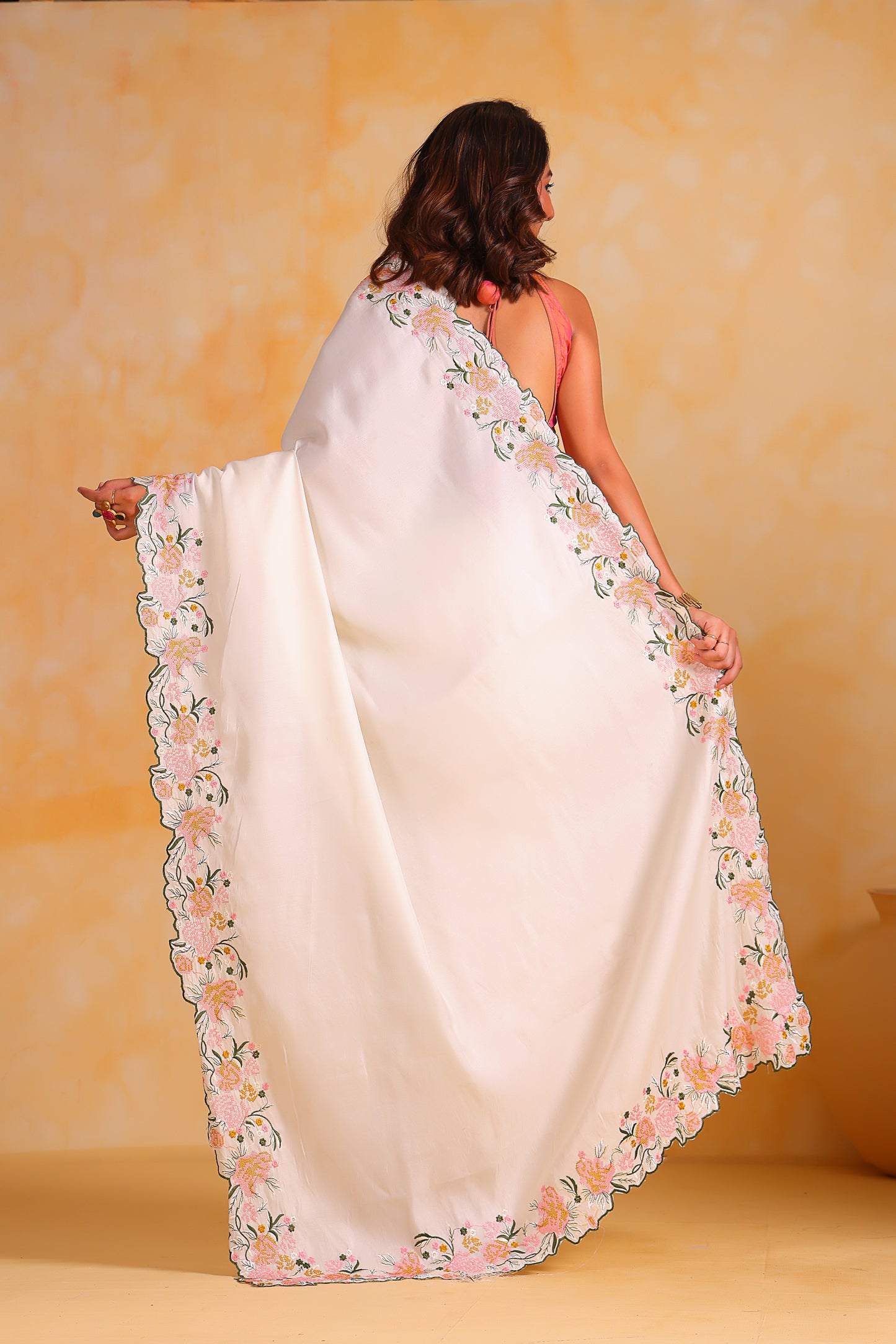 Hand-Embroidered Vibrant Elegant White Tussar Silk Saree with Blouse