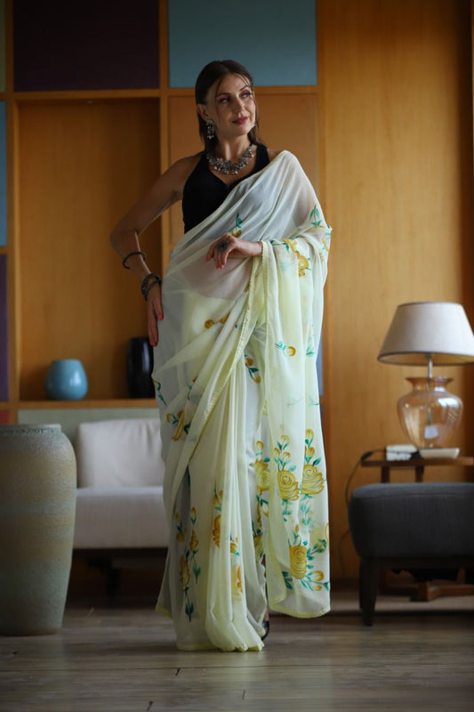 Hand-Embroidered Sunny-Yellow Chikankari & Golden Zari work Saree with Blouse