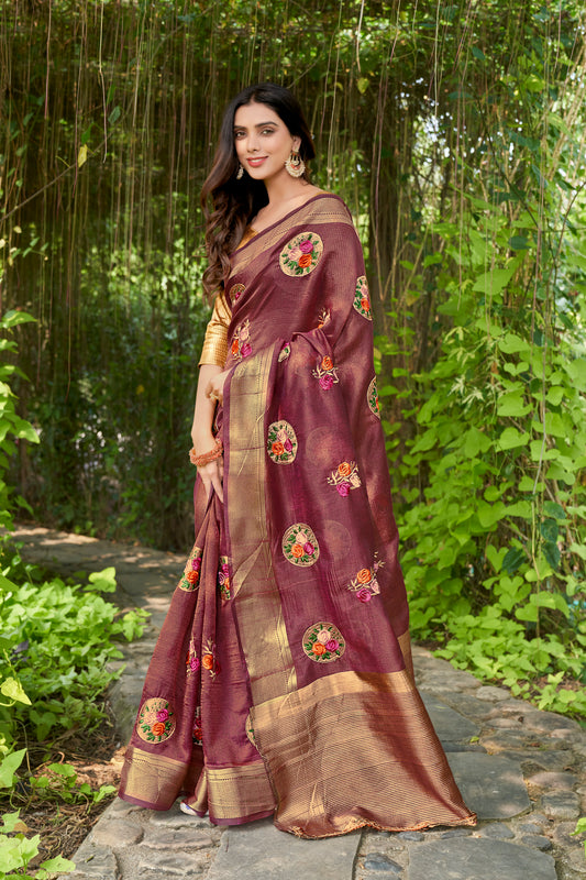 Hand Emboidered Maroon Pure Cotton-Silk saree with Zari Border paired with Blouse