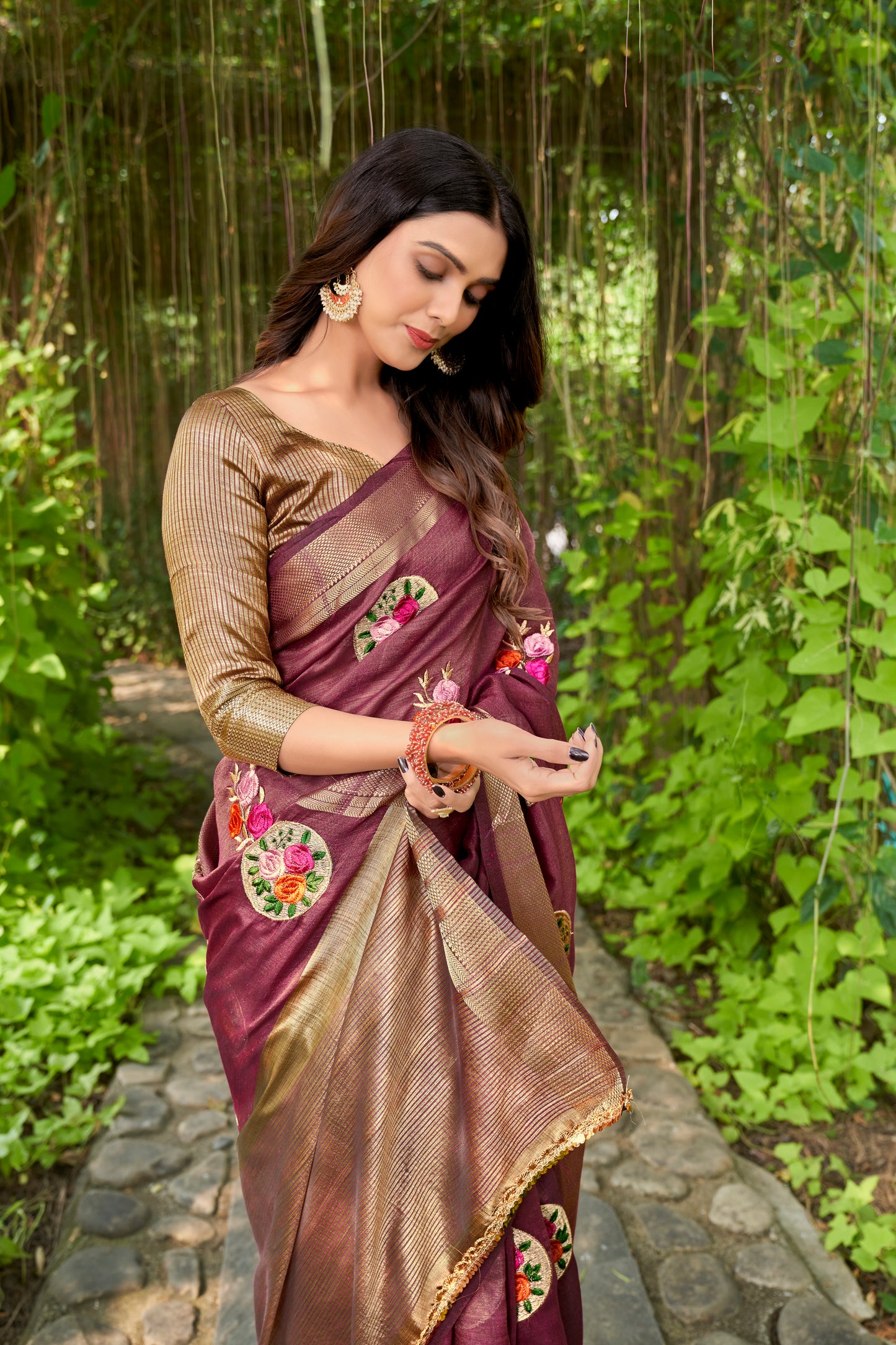 Hand Emboidered Maroon Pure Cotton-Silk saree with Zari Border paired with Blouse